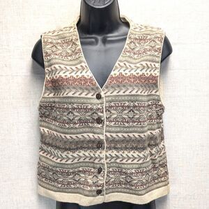 Woolrich Knit Sweater Vest Cream Green Red Fair Isle Button Up Women's Size M